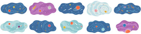 Solar system of planets with large and small celestial bodies flying in space. Colored spheres and meteorites in blue sky. Flat fantastic vector illustration with planets and stars cartoon cosmic sceneのイラスト素材
