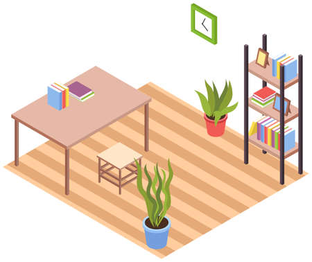 Modern interior of living room. Cosy furnished apartment. Comfy flat with table, stool, bookshelf and houseplants growing in pots and home decorations on white background, elements of furnitureのイラスト素材