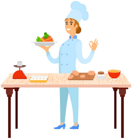 Woman holds plate with vegetable meal. Female kitchener serves dish from chef, fresh food at cafe. Chef holding vegetables on plate. Vegetarian dish cooking process and ingredients on tableのイラスト素材
