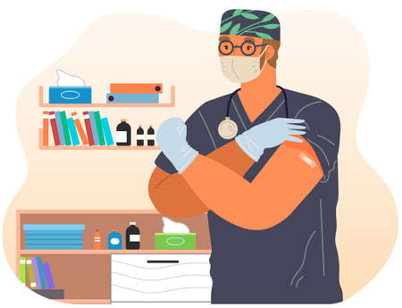 Doctor man wearing protective mask showing his arm with bandage after receiving covid-19 vaccine. Concept of vaccination, health, immunization, healthcare, call of fight against coronavirusのイラスト素材