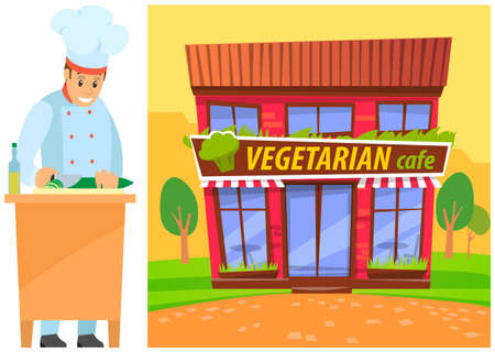 Man prepares dish, cuts cucumber, vegetable for salad. Chef works with kitchen equipment to cook healthy food. Preparing meal for vegetarian cafe. Healthy meatless food restaurant vector illustrationのイラスト素材