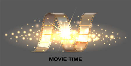 Movie time banner with cinema movie and photography 35 mm shining film strip template in vintage style. Cinema strip isolated icon with recorded film on tape, cinematography retro photo rollのイラスト素材