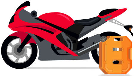 Orange canister with lid near motorbike. Preserving container for storing propane. Canister with fuel for refueling vehicles. Motorcycle refueling substance storage equipment vector illustrationのイラスト素材
