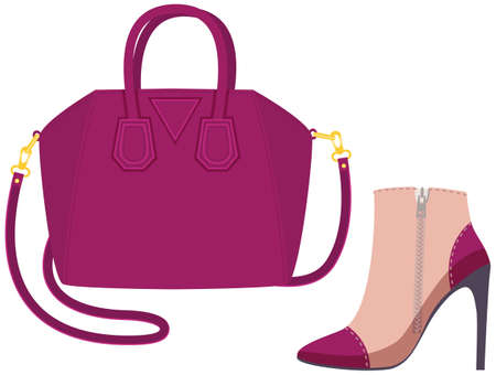 Fashion shoes and bag isolated on white. Stylish elements of women s wardrobe in casual style beige heeled boots and pink handbag, footwear and pouch, female accessories fashionable trendy collectionのイラスト素材