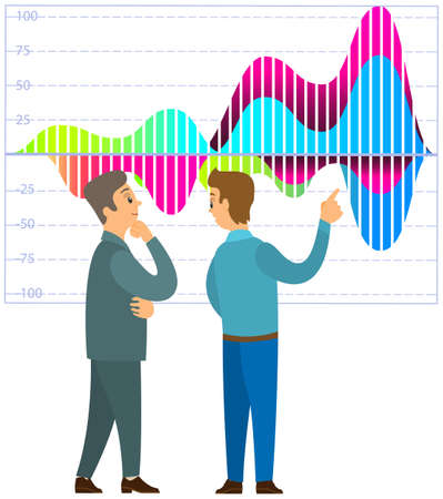 Business people communicating in office discuss statistics, analyze different charts and graphs. Financial accounting concept. Organization process, analytics, planning, report, market analysisのイラスト素材