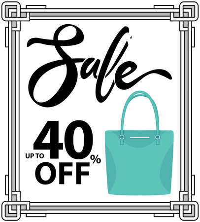 Sale poster with womens bag. Discount, special offers promotion, shopping advertisement. Hand drawn style vector design illustration shop now concept, black friday marketing advertising templateのイラスト素材