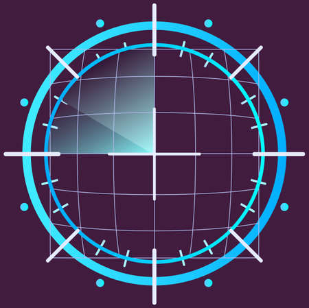 Intelligent technology hud interactive panel. Data screen with circle and field of squares with sectors. Interface screen with infographic digital illustration, round colored lines on dark backgroundのイラスト素材