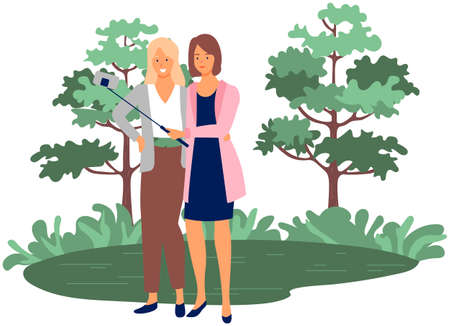 People smile, take photos and spend time in nature. Woman uses phone and selfie stick walking in city park together. Concept of using Internet and modern gadgets. Friends stand with smartphone outdoorのイラスト素材