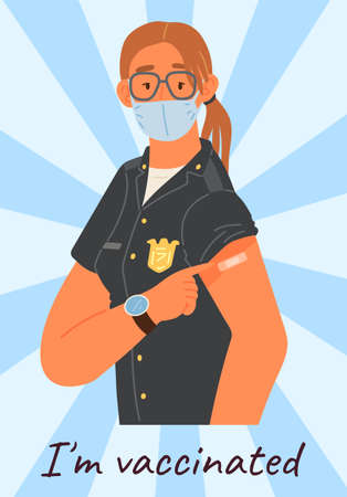 Young woman wearing protective mask showing her arm with bandage after receiving covid-19 vaccine. Concept of vaccination, health, spread of vaccine, healthcare, call of fight against coronavirusのイラスト素材