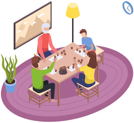 Happy children playing board game with grandparents on table, have fun at home. Family entertainment. People sit together at table in living room and play lotto. Parents and kids in everyday lifeのイラスト素材