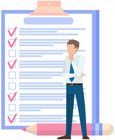 Month scheduling, to do list, time management. Businessman stands near checklist and planning. Plan fulfilled, task completed, timetable on paper sheet. Check list plan, schedule creation conceptのイラスト素材