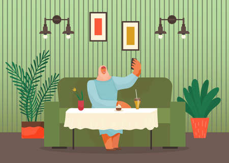 Arab woman sitting on couch taking selfie, drinking coffee with cupcake in cafe, eating out vector. Female arab with smartphome at table in restaurant. Coffee shop, modern place interior illustrationのイラスト素材