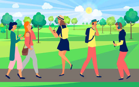 Global data sharing concept of young people using mobile smartphone to share posts and news in social networks. Man and woman holds smart phone to make repost of video news, listening to musicのイラスト素材