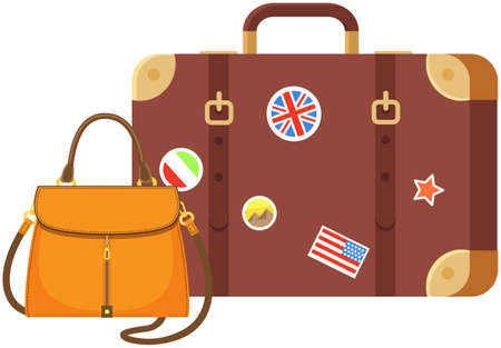 Old vintage voyage suitcase with leather belts and womens bag, isolated vector illustration in flat cartoon style. Luggage for journey and trip, stylish handbag and travel bag isolated on whiteのイラスト素材