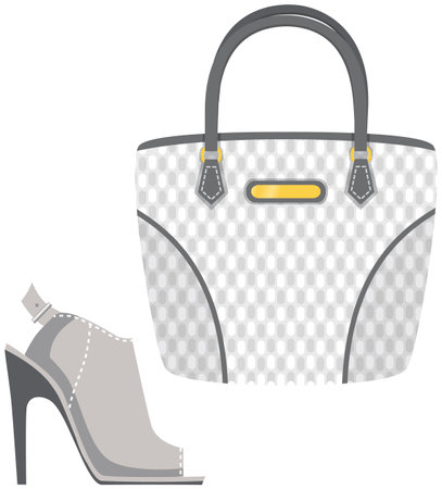 Fashion shoes and bag isolated on white. Stylish elements of womens wardrobe in casual style high heel shoes and handbag, footwear and pouch, female accessories fashionable trendy collectionのイラスト素材