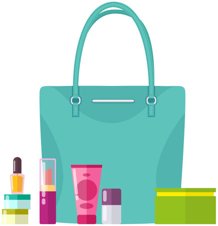 Cream, perfume, cosmetics and pomade. Contents of woman s handbag. Vanity table. Concept of beauty bloggers, fashion and glamour. Elegant ladies leather bag, female accessories for makeup and careのイラスト素材