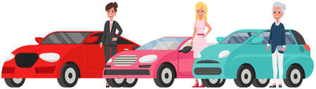 Women of different generations next to their personal transport. Stages of development of lady, adolescence, maturity, old age. Elderly, adult and young ladies standing near automobiles, carsのイラスト素材