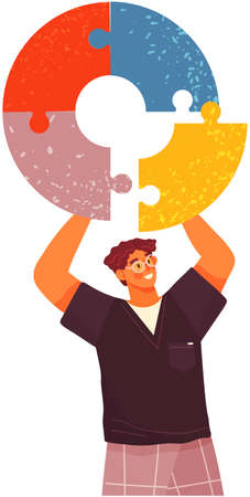 Man collects round puzzle. Cognitive development, mental mindset, creative thinking. Male character assembles pieces of puzzle into coherent whole. Psychological trick for creativity and intelligenceのイラスト素材
