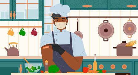 Man cook wearing protective medical mask showing his arm with bandage after receiving covid-19 vaccine. Concept of vaccination, health, immunization, healthcare, call of fight against coronavirusのイラスト素材