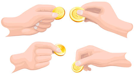 Human hand with coin isolated. Realistic 3d coin. Money donation, charity, investment. Profit, income, salary increase. Hand holding gold dollar penny. Person pay with gold cent between fingersのイラスト素材