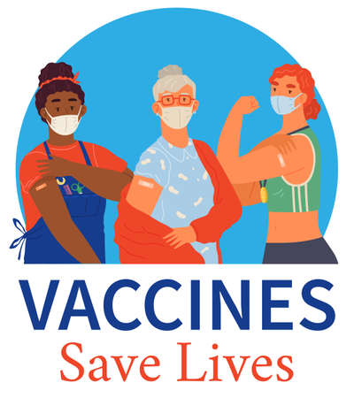 Stop coronavirus agitation concept. Vaccination promo, immunization of workers. Vaccine saves lives. People wearing protective mask showing their arm with bandage after receiving covid-19 vaccineのイラスト素材