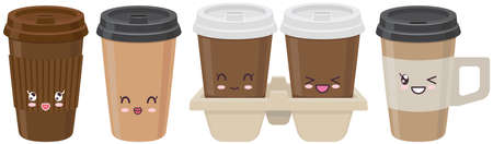 Cute cups of coffee set sticker kawaii icon vector design. Adorable cute hot drinks, coffee to go, latte in cup with positive emotions, japanese, oriental culture symbol anime, facial expressionのイラスト素材