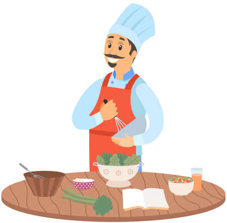 Male pastry chef holding bowl and whisk. Smiling man in apron preparing dessert near food, products icons. Confectioner whips ingredients for dish. Chef works with kitchen equipment to prepare foodのイラスト素材