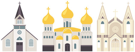 Temple buildings of various religions. Old Catholic Church. Orthodox classic cathedral illustration. Religious building in style of ancient architecture, traditional prayer house with cross on roofのイラスト素材