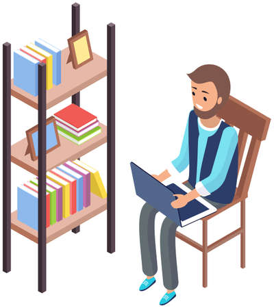 Man in casual outfit sitting near bookshelf at home with computer browsing or working on laptop at his laps. Flat style isometric isolated vector. Freelance, online education or social media conceptのイラスト素材