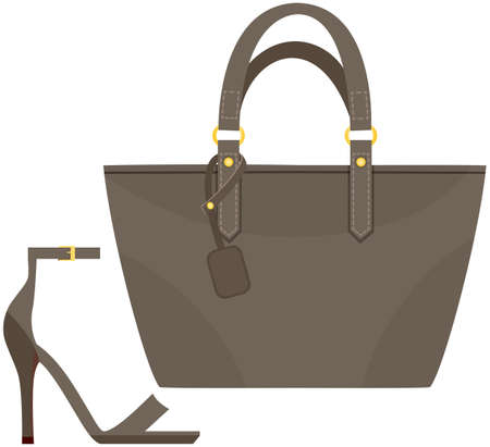 Fashion shoes and bag isolated on white. Stylish elements of womens wardrobe in casual style high heel shoes and handbag, footwear and pouch, female accessories fashionable trendy collectionのイラスト素材