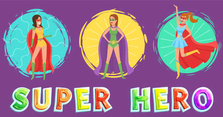 Superwoman smiling, waving hand and has superpowers. Cartoon character in superhero costume with cloak, mask and emblem stands on white background. Strong person protects people from villainsのイラスト素材