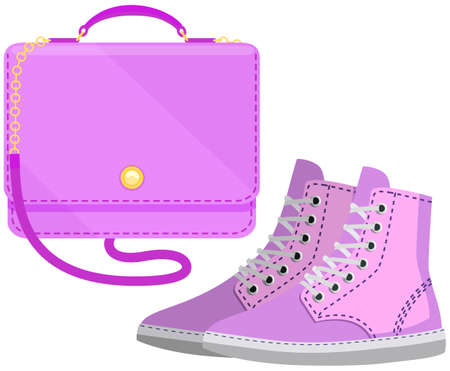 Fashion shoes and bag isolated on white. Stylish elements of womens wardrobe in casual youth style pink boots and handbag, footwear and pouch, female accessories fashionable trendy collectionのイラスト素材