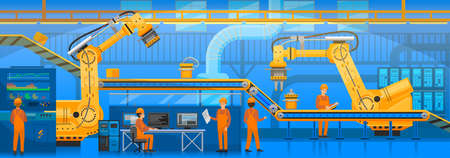 Robotic arm raises goods and stacks them on conveyor. Automated robotic production line for packaging of items with workers. Technical team works with technologies, equipment, machines at factoryのイラスト素材