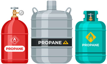 Set of gas cylinders, canisters with fuel, storage. Balloons with flammable signs and manometers. Metal tanks with liquefied compressed petroleum. Pressurized gas cylinders, storage for propaneのイラスト素材
