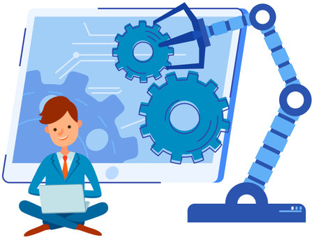 Businessman conducting experiments with mechanical arm. Artificial intelligence for startup development. Robotic arm for lifting weights, production work. Modern technologies for new business projectのイラスト素材
