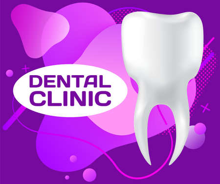 Dental clinic poster vector illustration. Advertising of hospital for teeth treatment. Medical services for installation of dental implant. Human gum with healthy teeth and denture on dentistry bannerのイラスト素材