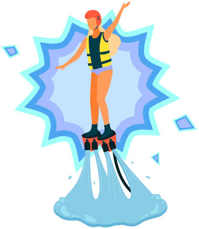 Young woman with long blonde hair flyboarding. New spectacular extreme water sports. Seaside leisure, beach and recreation concept. Girl in jet boots flies over water. Flyboard, sports for happy ladyのイラスト素材