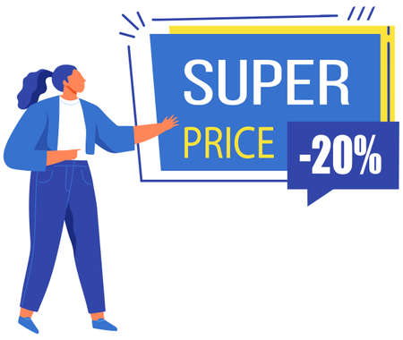 Hot best price on products of premium quality. Good deal for people. Female character offering, advertising sale vector illustration. Best price with discount in store. Woman on black friday sale.のイラスト素材