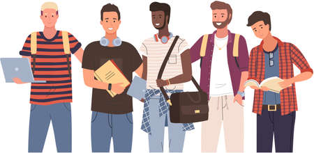 Diverse college, university students standing in line. Group of young people, multicultural men. Multinational male characters, students of educational institution, university with books and laptopsのイラスト素材