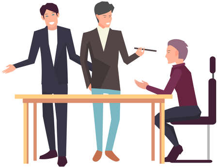 Businesspeople have project strategy planning meeting. Teamwork with business plan, creating new creative project. Meeting to discuss starting business. Colleagues discussing work in entrepreneurshipのイラスト素材