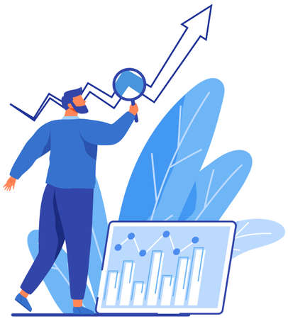 Reading report, survey concept. Man with magnifying glass looking for information in text document. Employee analyzes term of contract. Analysis data launch of new business project. Check startup dataのイラスト素材