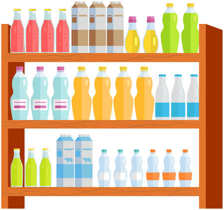 Supermarket furniture, grocery store with products on shelves. Shop in mall for selling groceries concept. Shelving of supermarket with food and drinks. Self-service store interior design elementsのイラスト素材