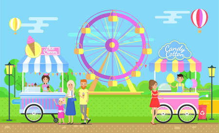 Sweet street food amusement park. Tasty ice cream and soft cotton candy carts, vendors in parkland place with attractions vector illustrationのイラスト素材