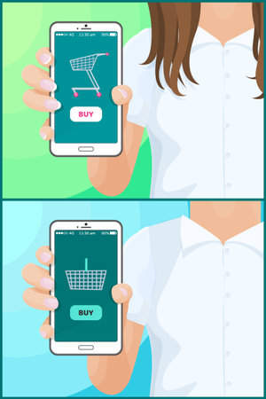 Buy screen of smartphone, collection with womans and mans hand, mobile phone showing application of web store, online market vector illustrationのイラスト素材