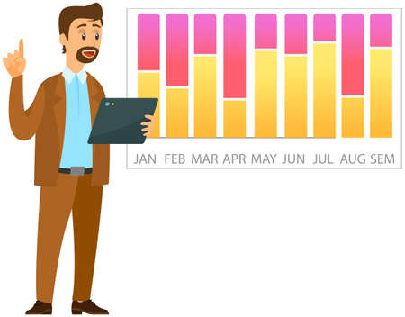 Analytics information and development statistics. Web analysis measure, product testing technology. Man analyses dashboard seo optimization, digital report. Statistical indicators and data on diagramのイラスト素材