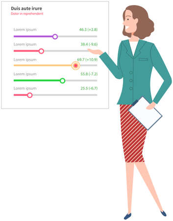 Analytics and development statistics. Web analysis measure, product testing technology. Woman analyses digital report. Statistical indicators and data on diagram. Graphic information visualizationのイラスト素材