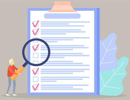 Month planning, to do list, time management, checklist. Man studying to do list with magnifier. Plan fulfilled, task completed. Person with magnifying glass looking at timetable on clipboardのイラスト素材
