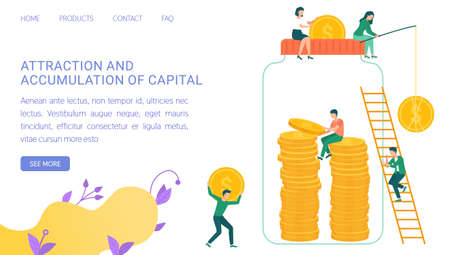 People saving coins, investments in jar. Attraction and accumulation of capital concept. Man and woman catching dollars, hoarding pennies. Website or webpage template, landing page in flat styleのイラスト素材