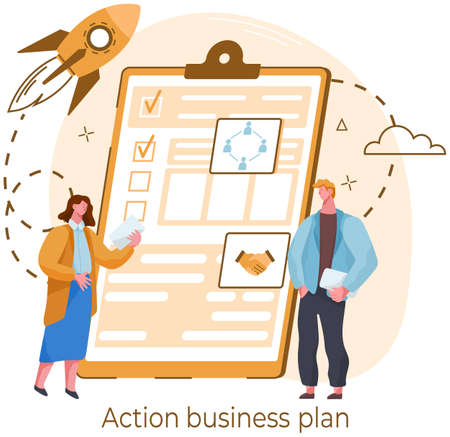 People looking at checklist with document, information report with data. Colleagues working with action business plan on paper sheet. Businesspeople check correctness of document on clipboardのイラスト素材