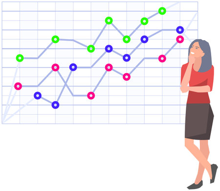Woman studies statistics on presentation. Female character while working or studying with report. Girl working and analyzing financial statistics. Female marketer examines information about metricsのイラスト素材